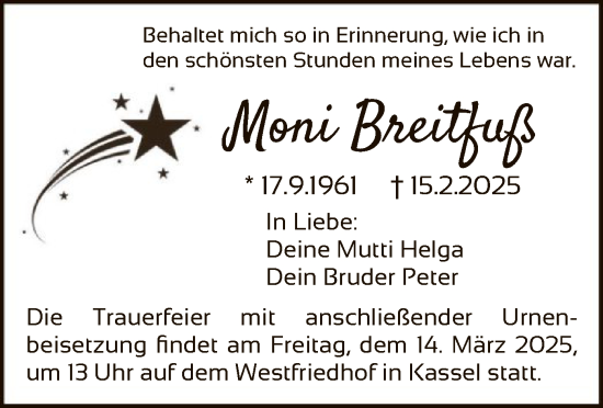 Todesanzeige von Moni Breitfuß von HNA
