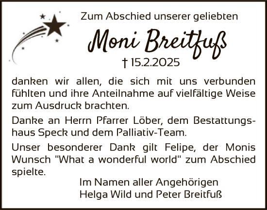 Todesanzeige von Moni Breitfuß von HNA