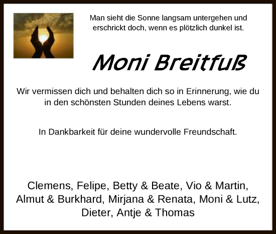 Todesanzeige von Moni Breitfuß von HNA