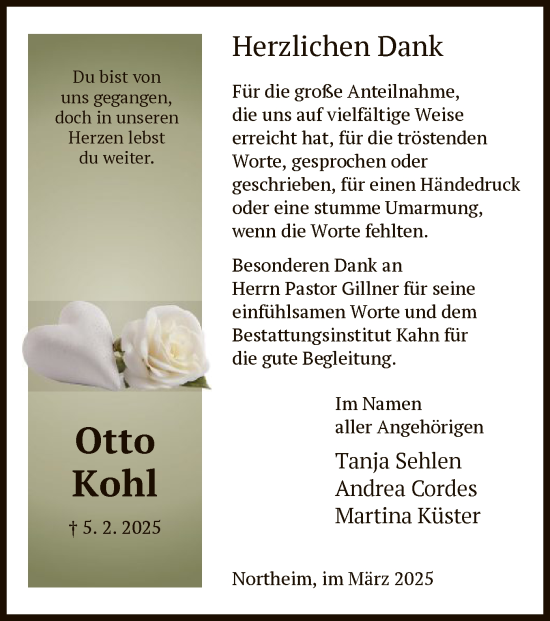 Todesanzeige von Otto Kohl von HNA