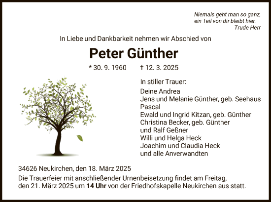 Todesanzeige von Peter Günther von HNA