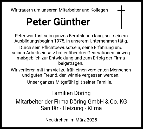 Todesanzeige von Peter Günther von HNA