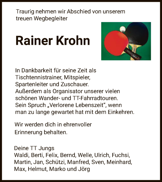 Todesanzeige von Rainer Krohn von HNA