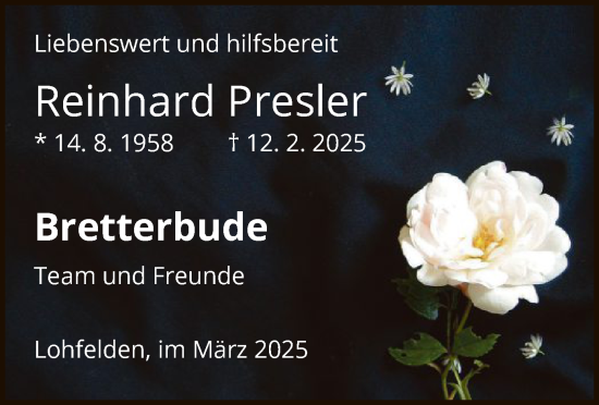 Todesanzeige von Reinhard Presler von HNA