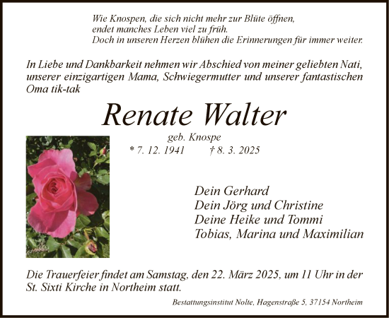 Todesanzeige von Renate Walter von HNA