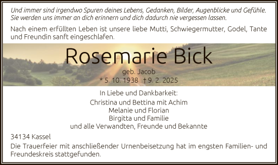 Todesanzeige von Rosemarie Bick von HNA