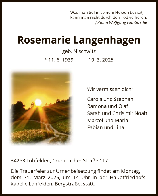 Todesanzeige von Rosemarie Langenhagen von HNA