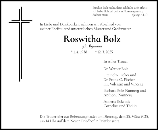 Todesanzeige von Roswitha Bolz von HNA