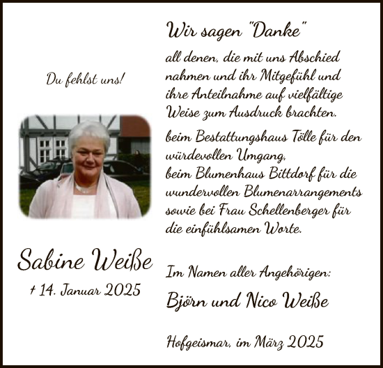 Todesanzeige von Sabine Weise von HNAHNA