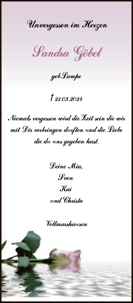 Todesanzeige von Sandra Göbel von HNA