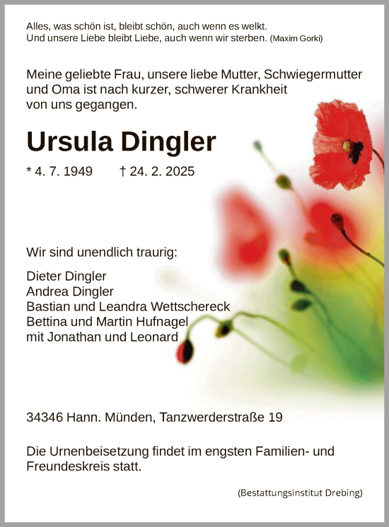 Todesanzeige von Ursula Dingler von HNA