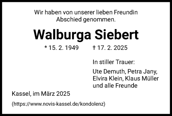 Todesanzeige von Walburga Siebert von HNA