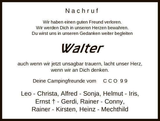 Todesanzeige von Walter Heinrichs von HNA