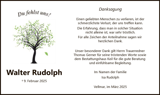 Todesanzeige von Walter Rudolph von HNA