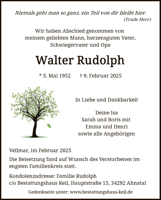 Todesanzeige von Walter Rudolph von HNA