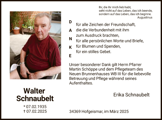 Todesanzeige von Walter Schnaubelt von HNA