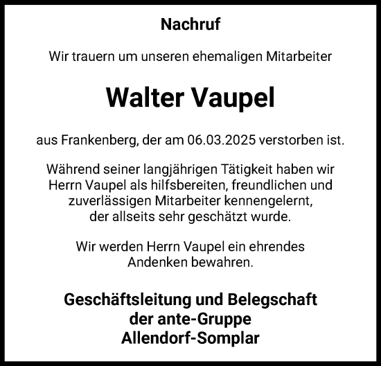 Todesanzeige von Walter Vaupel von HNA