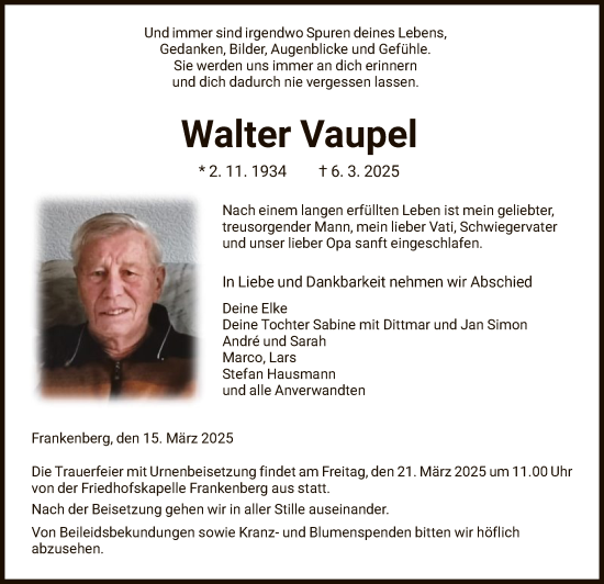 Todesanzeige von Walter Vaupel von HNA