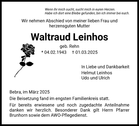 Todesanzeige von Waltraud Leinhos von HNA