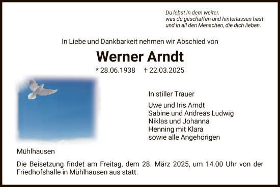 Todesanzeige von Werner Arndt von HNA