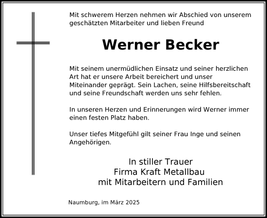 Todesanzeige von Werner Becker von HNA