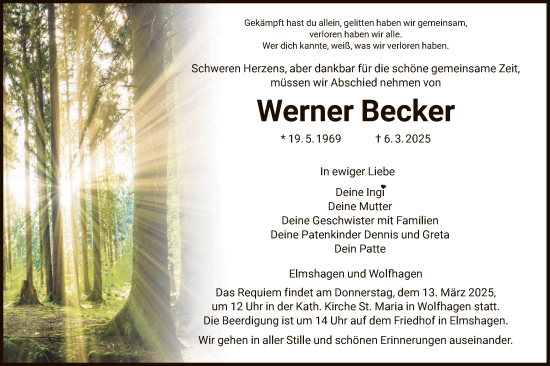 Todesanzeige von Werner Becker von HNAHNA