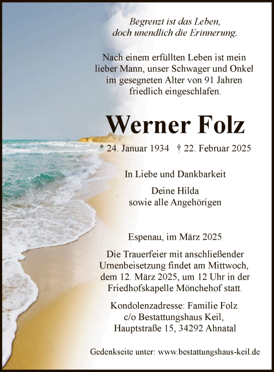 Todesanzeige von Werner Folz von HNA