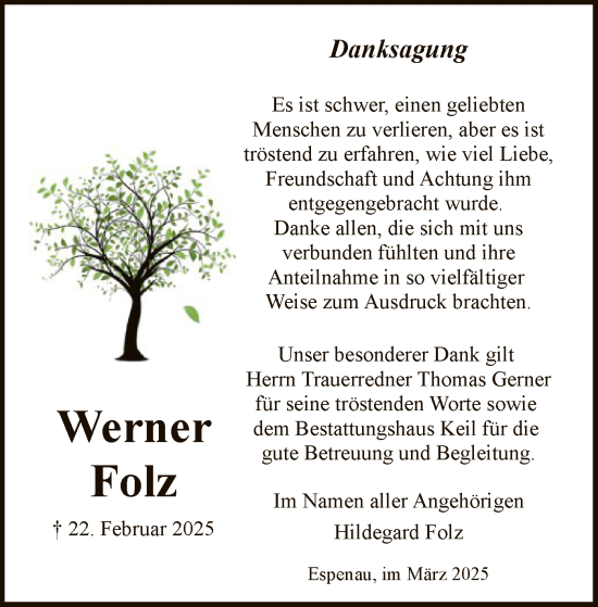 Todesanzeige von Werner Folz von HNA