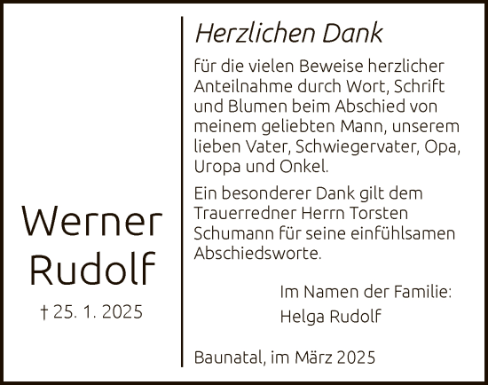 Todesanzeige von Werner Rudolf von HNA