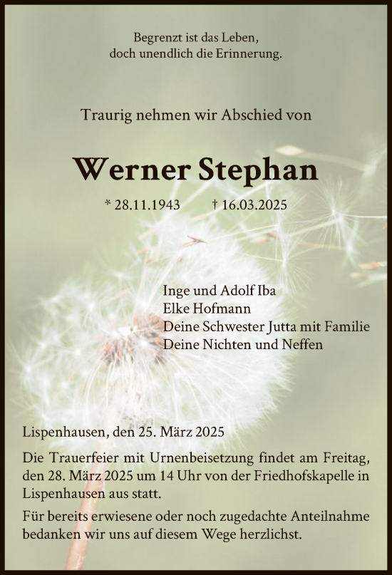 Todesanzeige von Werner Stephan von HNA