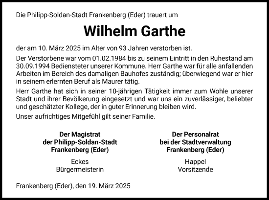 Todesanzeige von Wilhelm Garthe von HNA