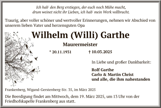 Todesanzeige von Wilhelm Garthe von HNAWLZ
