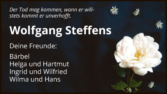 Todesanzeige von Wolfgang Steffens von HNA