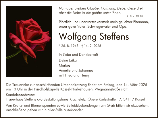 Todesanzeige von Wolfgang Steffens von HNA