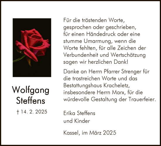 Todesanzeige von Wolfgang Steffens von HNA
