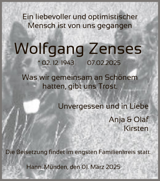 Todesanzeige von Wolfgang Zenses von HNA