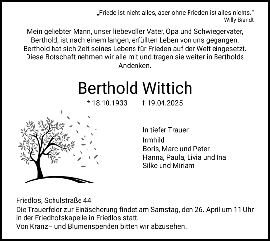 Todesanzeige von Berthold Wittich von HNA