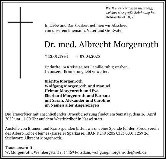 Todesanzeige von Albrecht Morgenroth von HNA