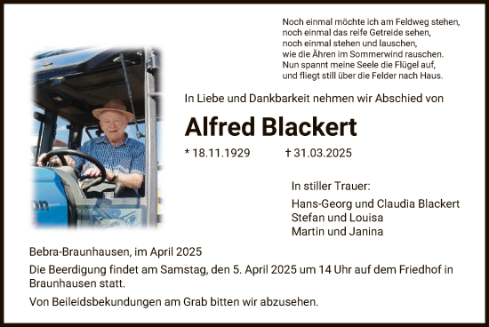 Todesanzeige von Alfred Blackert von HNA