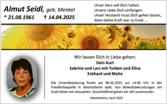 Todesanzeige von Almut Seidl von HNA