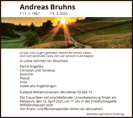 Todesanzeige von Andreas Bruhns von HNA