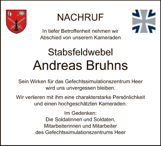 Todesanzeige von Andreas Bruhns von HNA