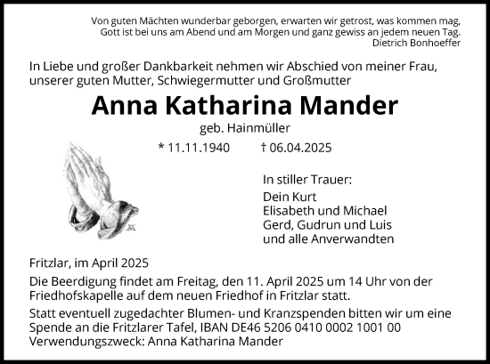 Todesanzeige von Anna Katharina Mander von HNAHNA