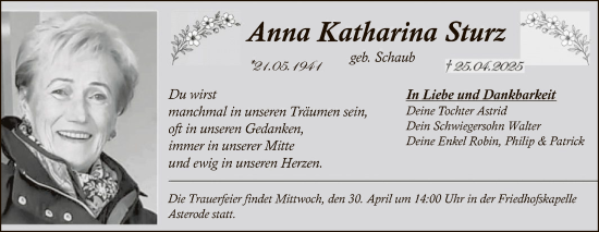 Todesanzeige von Anna Katharina Sturz von HNA