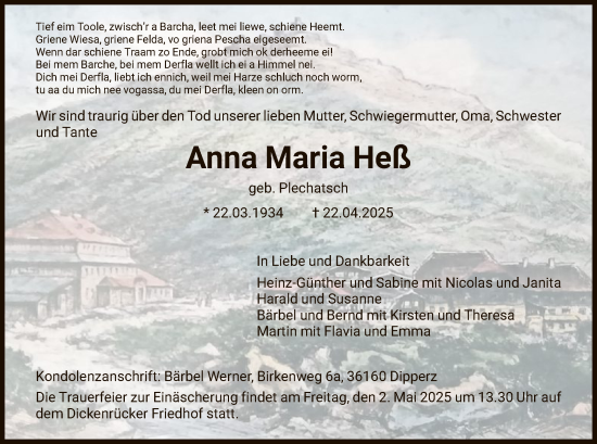 Todesanzeige von Anna Maria Heß von HNA