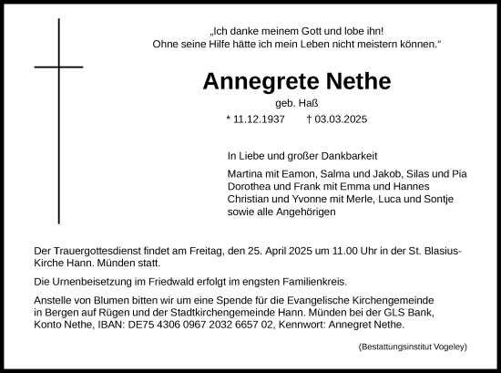 Todesanzeige von Annegrete Nethe von HNA