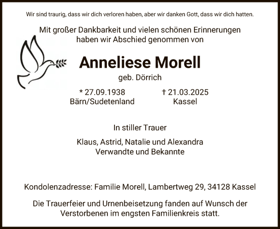 Todesanzeige von Anneliese Morell von HNA