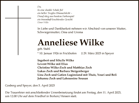 Todesanzeige von Anneliese Wilke von HNA