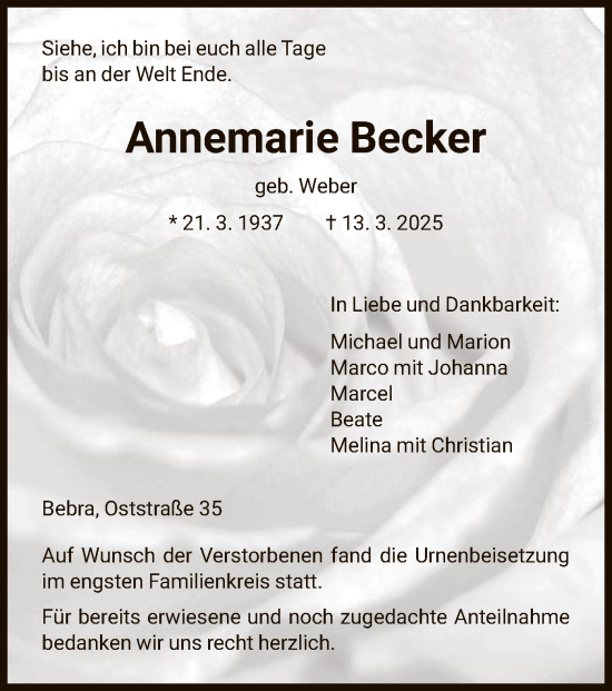 Todesanzeige von Annemarie Becker von HNA