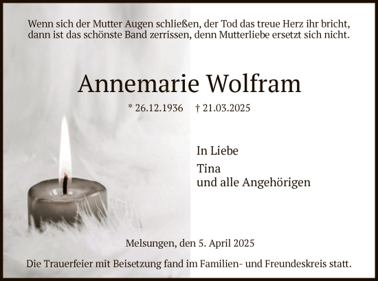 Todesanzeige von Annemarie Wolfram von HNA